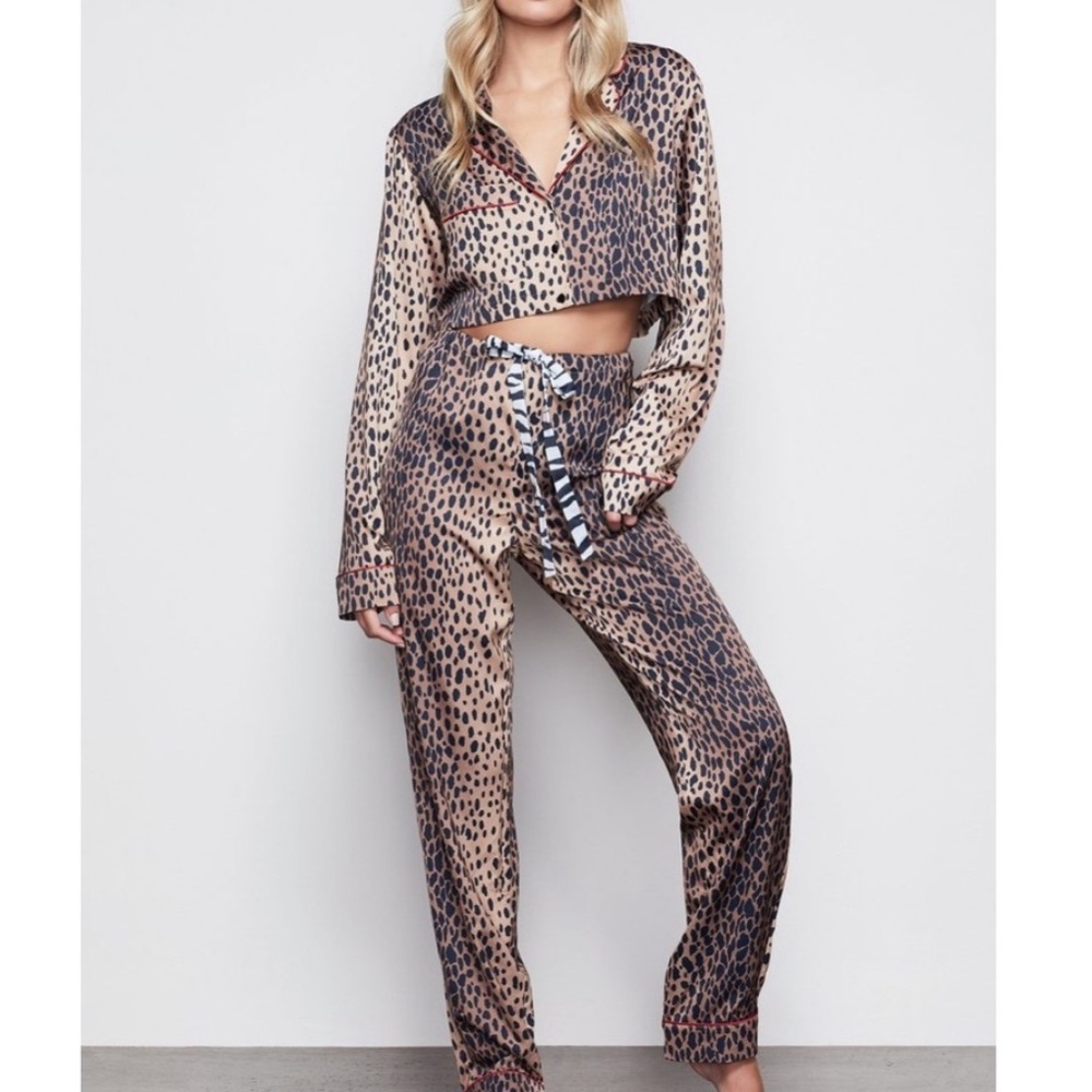 Good American Leopard Print Satin Pajama Set in Beige and Black